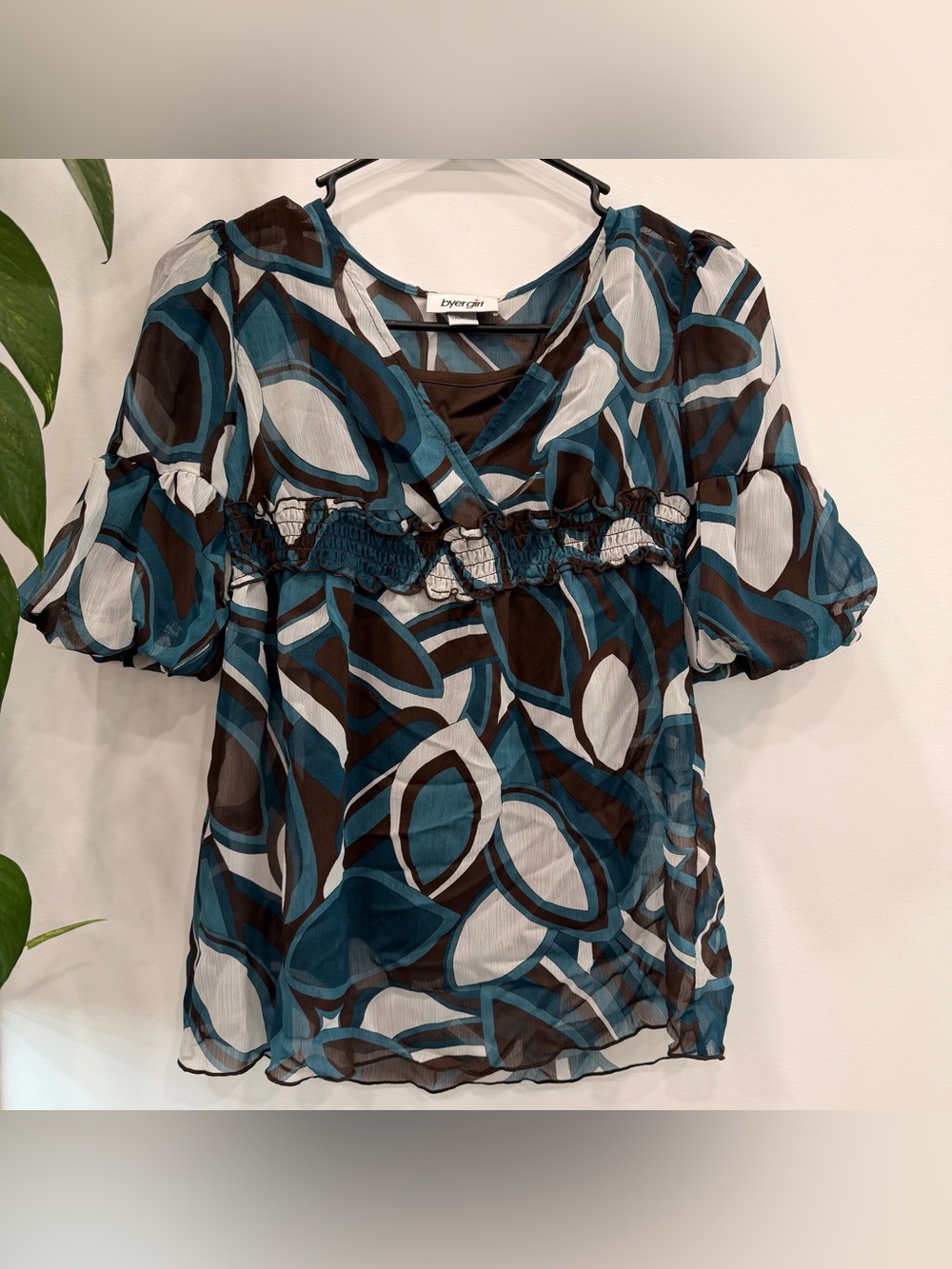 Y2K Fairycore Byer Girl Teal & Brown Abstract Ruffle Blouse Women’s Large